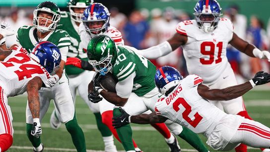 Jets rookie RB Chip Trayanum taken to hospital with neck injury (NFL). Photo by Vincent Carchietta-Imagn Images