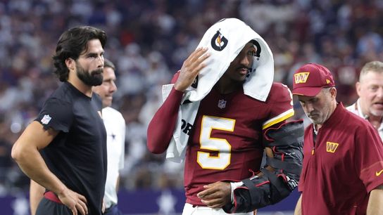 Report: Commanders QB Jayden Daniels (elbow) undergoes MRI (NFL). Photo by Kevin Jairaj