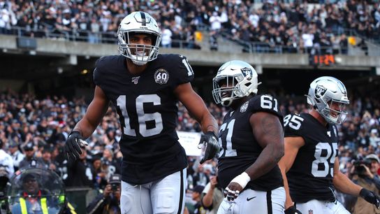 Dec 15, 2019; Oakland, CA, USA; Oakland Raiders wide receiver Tyrell Williams (16) reacts after catching a touchdown pass against the Jacksonville Jaguars in the first quarter at Oakland Coliseum. Mandatory Credit: Cary Edmondson-USA TODAY Sports
