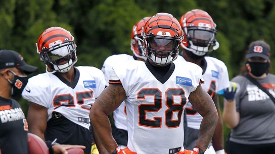 Aug 21, 2020; Cincinnati, Ohio, USA; Cincinnati Bengals running back Joe Mixon (28) runs drills during training camp at the teams practice facility. Mandatory Credit: Joseph Maiorana-USA TODAY Sports