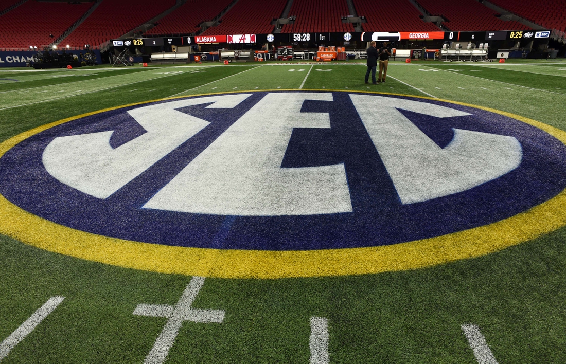 Dec 1, 2018; Atlanta, GA, USA; A general view of the SEC logo prior to the game against the Alabama Crimson Tide and the Georgia Bulldogs during the SEC championship game at Mercedes-Benz Stadium. Mandatory Credit: Dale Zanine-USA TODAY Sports