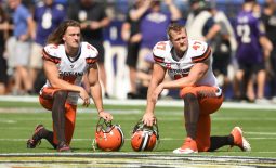 Sep 29, 2019; Baltimore, MD, USA;  Cleveland Browns punter Jamie Gillan (7) and long snapper Charley Hughlett (47) look on before a football game against the Baltimore Ravens at M&T Bank Stadium. Mandatory Credit: Mitchell Layton-USA TODAY Sports