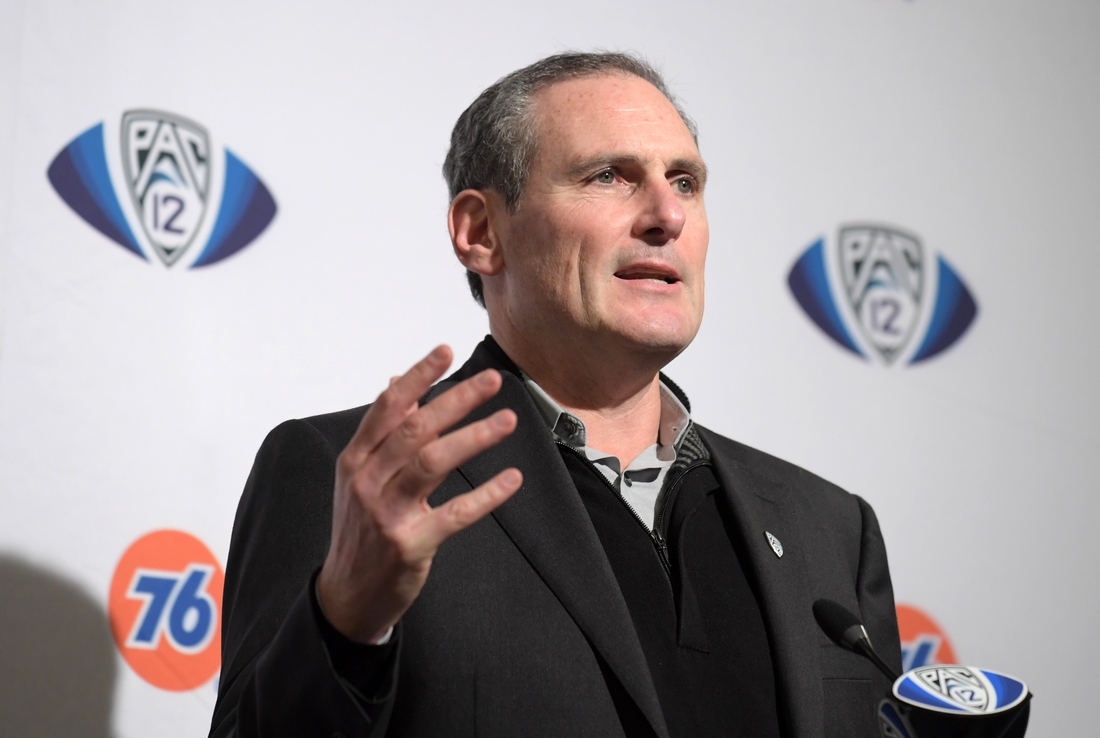 Dec 6, 2019; Santa Clara, CA, USA; Pac-12 commissioner Larry Scott speaks at a press conference during the Pac-12 Conference championship game between the Oregon Ducks and the Utah Utes at Levi's Stadium. Mandatory Credit: Kirby Lee-USA TODAY Sports