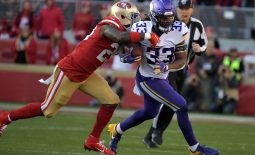 Jan 11, 2020; Santa Clara, California, USA; Minnesota Vikings running back Dalvin Cook (33) runs the ball against San Francisco 49ers cornerback Ahkello Witherspoon (23) during the first half in the NFC Divisional Round playoff football game at Levi's Stadium. Mandatory Credit: Kirby Lee-USA TODAY Sports