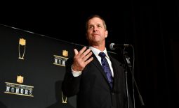 Feb 1, 2020; Miami, Florida, USA; Baltimore Ravens John Harbaugh speaks to the media after receiving the AP Coach of the Year presented by BOSE during the NFL Honors awards presentation at Adrienne Arsht Center. Mandatory Credit: Jasen Vinlove-USA TODAY Sports