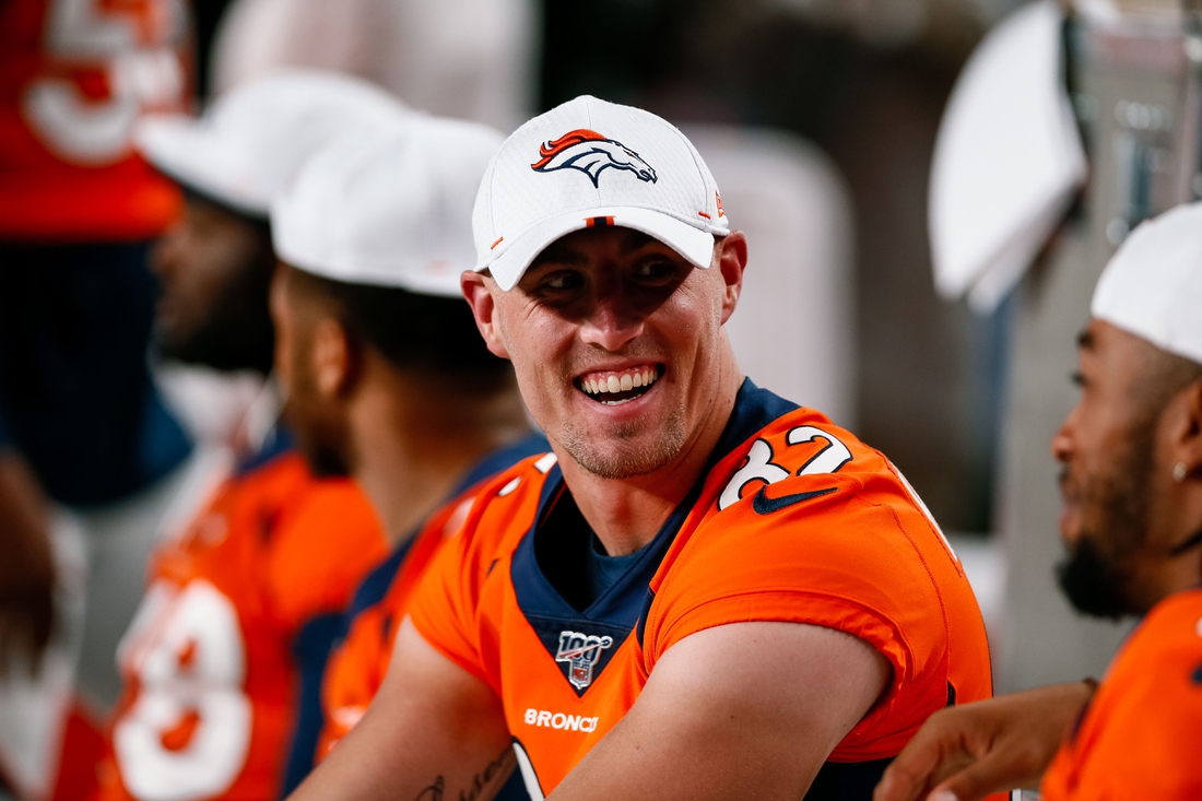 Aug 29, 2019; Denver, CO, USA; Denver Broncos tight end Jeff Heuerman (82) on the bench in the fourth quarter against the Arizona Cardinals at Broncos Stadium at Mile High. Mandatory Credit: Isaiah J. Downing-USA TODAY Sports