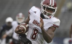 Oct 27, 2018; East Hartford, CT, USA; Massachusetts Minutemen running back Marquis Young (8) runs the ball against the Connecticut Huskies in the second half at Pratt & Whitney Stadium at Rentschler Field. UMass defeated UConn 22-17. Mandatory Credit: David Butler II-USA TODAY Sports