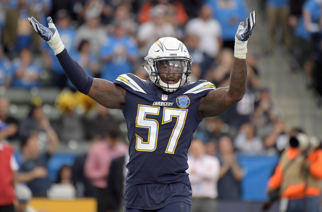 Dec 9, 2018; Carson, CA, USA; Los Angeles Chargers outside linebacker Jatavis Brown (57) reacts in the fourth quarter against the Cincinnati Bengals at StubHub Center. The Chargers defeated the Bengals 26-21.  Mandatory Credit: Kirby Lee-USA TODAY Sports