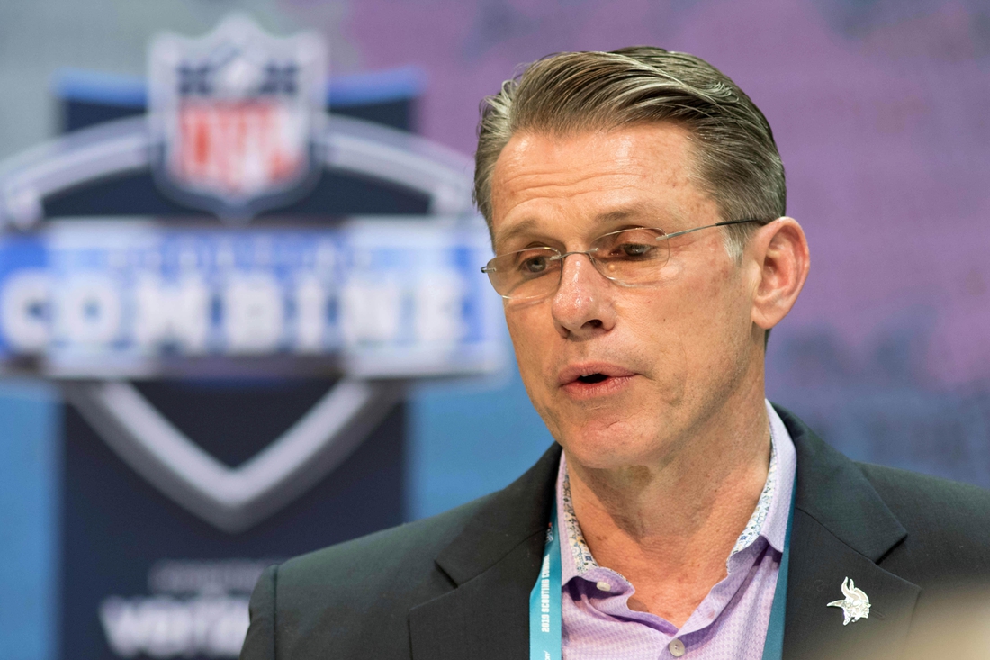 Feb 27, 2019; Indianapolis, IN, USA; Minnesota Vikings general manger Rick Spielman speaks to media during the 2019 NFL Combine at Indianapolis Convention Center. Mandatory Credit: Trevor Ruszkowski-USA TODAY Sports