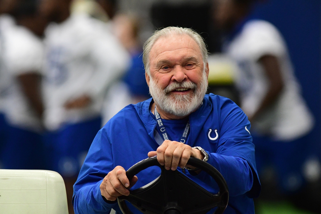 Jun 13, 2019; Indianapolis, IN, USA; Indianapolis Colts assistant line coach Howard Mudd watches minicamp practice at the Indianapolis Colts, Farm Bureau Football Center. Mandatory Credit: Thomas J. Russo-USA TODAY Sports