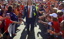 Aug 29, 2019; Clemson, SC, USA; Clemson Tigers quarterback Trevor Lawrence (16) greets fans during Tiger Walk prior to a game against the Georgia Tech Yellow Jackets at Clemson Memorial Stadium. Mandatory Credit: Joshua S. Kelly-USA TODAY Sports