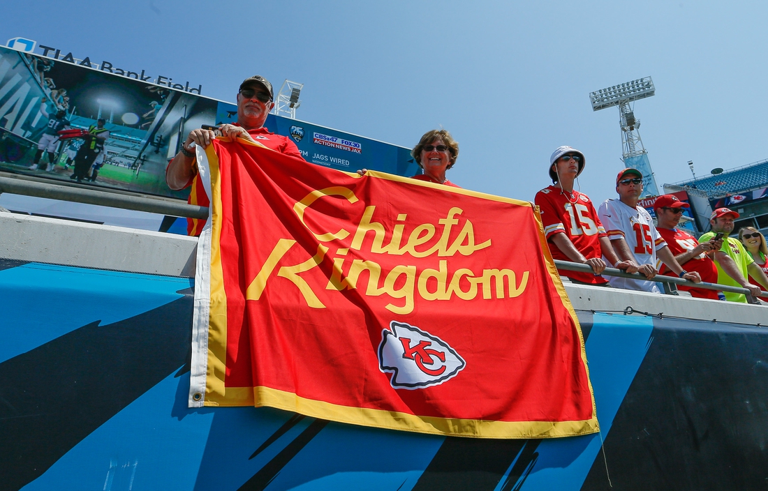 Sep 8, 2019; Jacksonville, FL, USA; Kansas City Chiefs fans fly banners before the game against the Jacksonville Jaguars at TIAA Bank Field. Mandatory Credit: Reinhold Matay-USA TODAY Sports