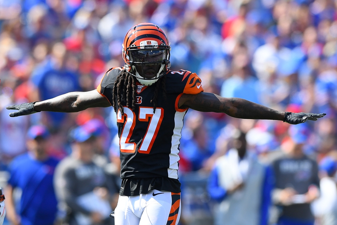 Sep 22, 2019; Orchard Park, NY, USA; Cincinnati Bengals cornerback Dre Kirkpatrick (27) gestures to a defensive play against the Buffalo Bills during the second quarter at New Era Field. Mandatory Credit: Rich Barnes-USA TODAY Sports