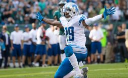 Sep 22, 2019; Philadelphia, PA, USA; Detroit Lions cornerback Rashaan Melvin (29) reacts to a defensive stop against the Philadelphia Eagles at Lincoln Financial Field. Mandatory Credit: Bill Streicher-USA TODAY Sports