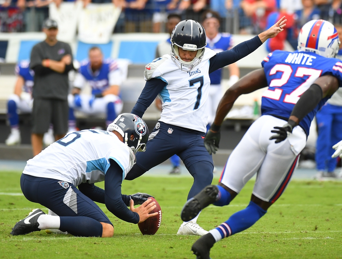 Oct 6, 2019; Nashville, TN, USA; Tennessee Titans kicker Cairo Santos (7) misses his first of two field goals during the first half against the Buffalo Bills at Nissan Stadium. Mandatory Credit: Christopher Hanewinckel-USA TODAY Sports