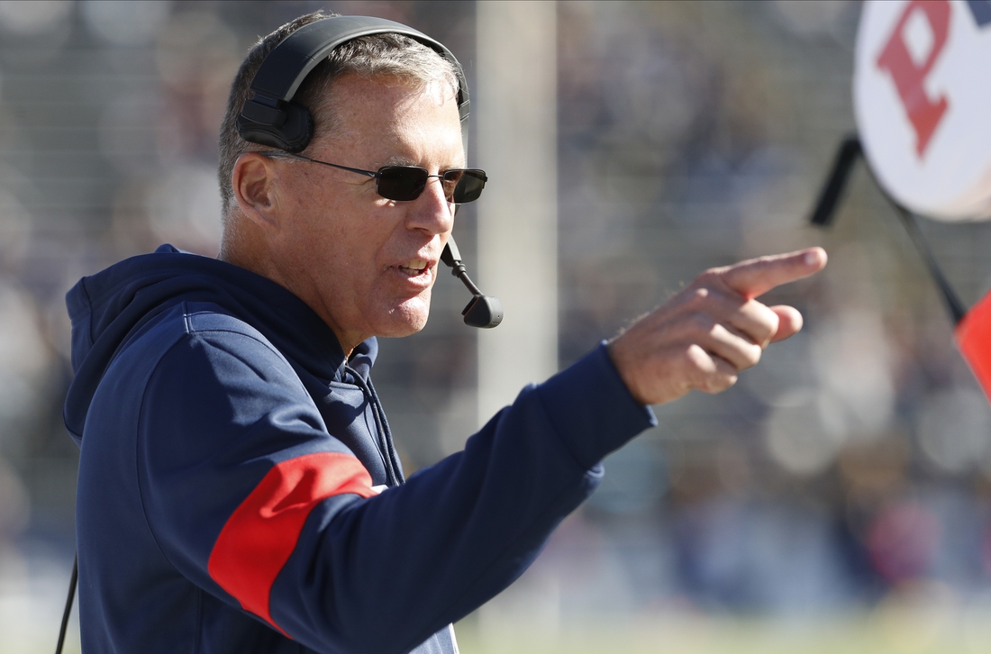 Oct 19, 2019; East Hartford, CT, USA; Connecticut Huskies head coach Randy Edsall reacts from the sideline after a Houston Cougars touchdown in the second half at Pratt & Whitney Stadium at Rentschler Field. Houston defeated UConn  24-17. Mandatory Credit: David Butler II-USA TODAY Sports