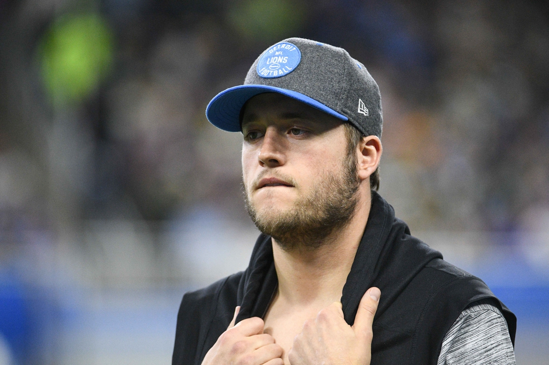 Dec 29, 2019; Detroit, Michigan, USA; Detroit Lions quarterback Matthew Stafford (9) watches from the slidelines during the third quarter against the Green Bay Packers at Ford Field. Mandatory Credit: Tim Fuller-USA TODAY Sports