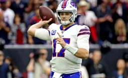Jan 4, 2020; Houston, Texas, USA;  Buffalo Bills quarterback Josh Allen (17) throws a pass during the first quarter against the Houston Texans in the AFC Wild Card NFL Playoff game at NRG Stadium. Mandatory Credit: Kevin Jairaj-USA TODAY Sports