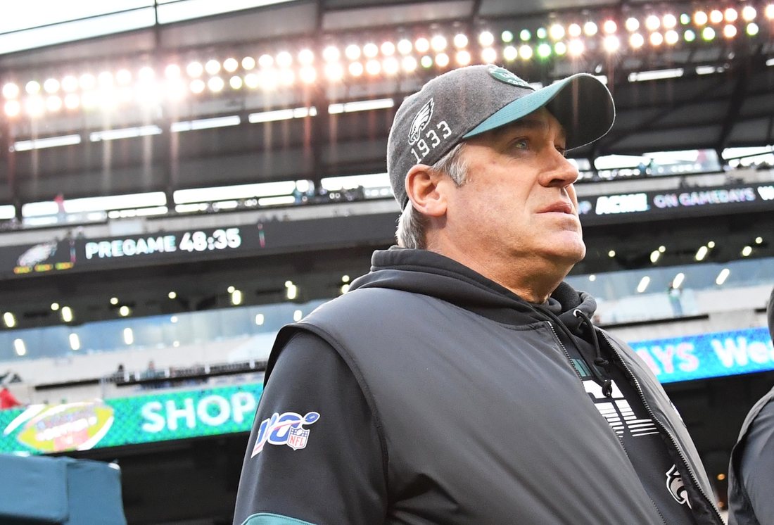 Jan 5, 2020; Philadelphia, Pennsylvania, USA; Philadelphia Eagles Doug Pederson walks out for pregame warmups before the start of the NFC Wild Card playoff football game against the Seattle Seahawks at Lincoln Financial Field. Mandatory Credit: Eric Hartline-USA TODAY Sports