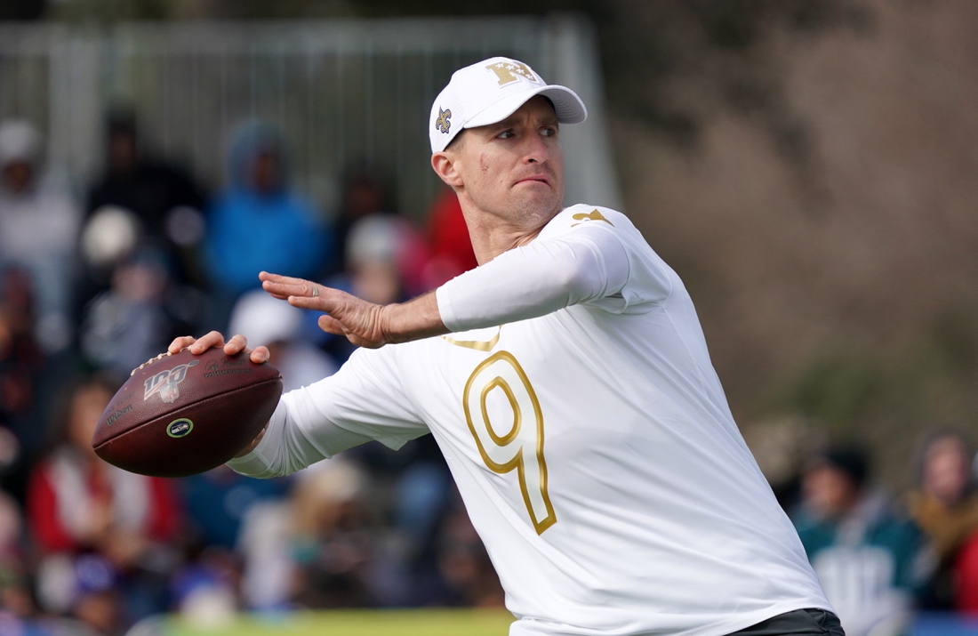 Jan 22, 2020; Kissimmiee, Florida, USA; New Orleans Saints quarterback Drew Brees throws the ball during NFC practice at ESPN Wide World of Sports. Mandatory Credit: Kirby Lee-USA TODAY Sports