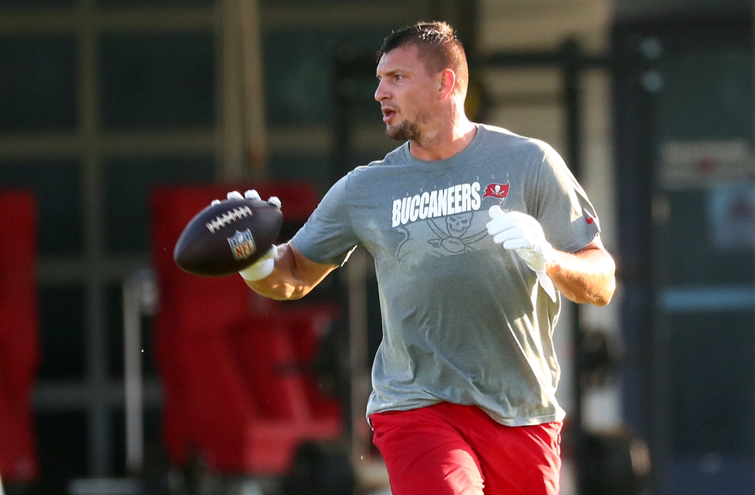 Aug 4, 2020; Tampa, Florida,USA; Tampa Bay Buccaneers tight end Rob Gronkowski (87) practices at AdventHealth Training Center. Mandatory Credit: Kim Klement-USA TODAY Sports