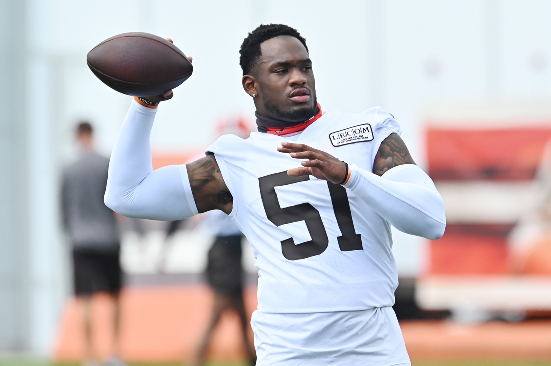 Aug 14, 2020; Berea, Ohio, USA; Cleveland Browns linebacker Mack Wilson (51) throws a ball during training camp at the Cleveland Browns training facility. Mandatory Credit: Ken Blaze-USA TODAY Sports