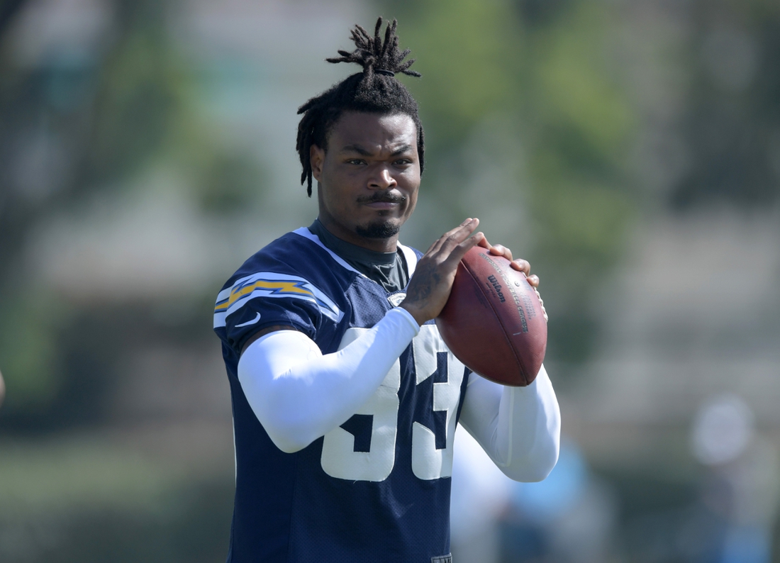 Aug 14, 2019; Costa Mesa, CA, USA: Los Angeles Chargers safety Derwin James (33) during training camp at the Jack Hammett Sports Complex. Mandatory Credit: Kirby Lee-USA TODAY Sports