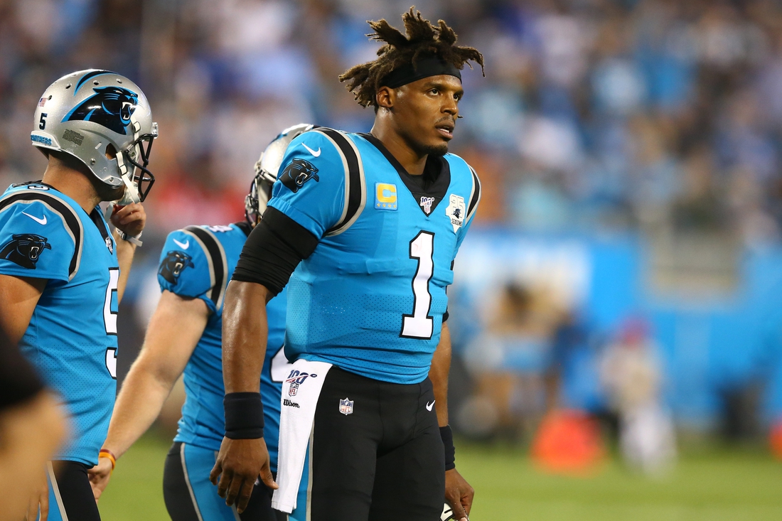 Sep 12, 2019; Charlotte, NC, USA; Carolina Panthers quarterback Cam Newton (1) walks off the field during the second quarter against the Tampa Bay Buccaneers at Bank of America Stadium. Mandatory Credit: Jeremy Brevard-USA TODAY Sports