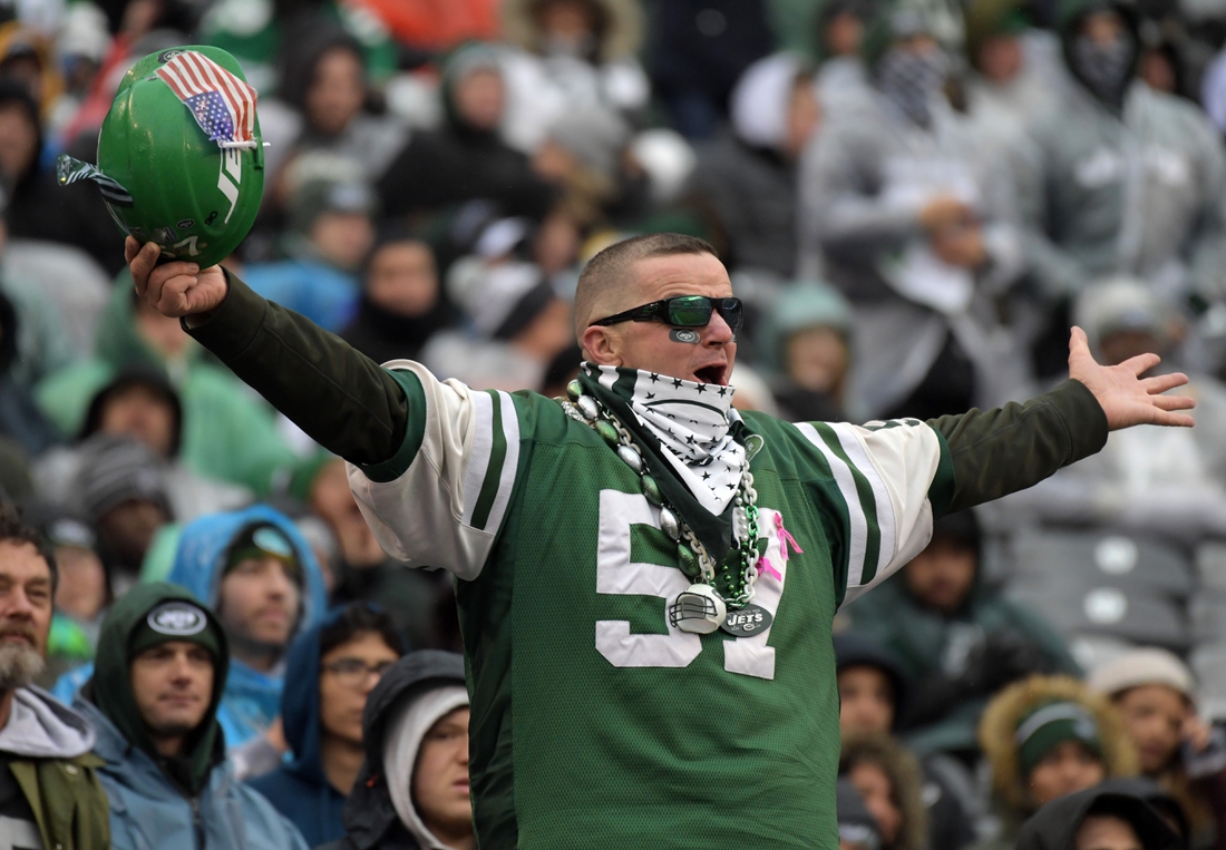 Nov 24, 2019; East Rutherford, NJ, USA; New York Jets fan reacts in the first half against the Oakland Raiders at MetLife Stadium. The Jets defeated the Raiders 34-3.  Mandatory Credit: Kirby Lee-USA TODAY Sports