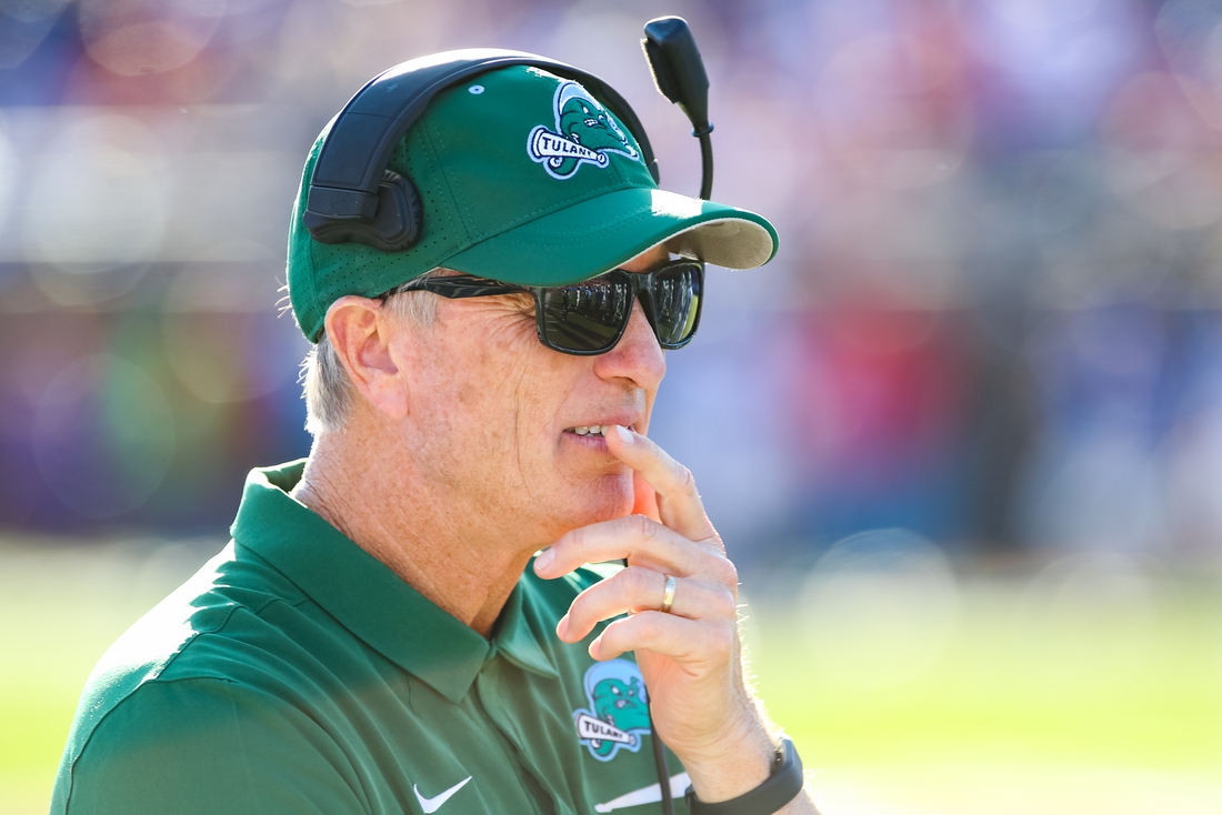 Nov 30, 2019; Dallas, TX, USA; Tulane Green Wave head coach Willie Fritz watches game action during the first half against the Southern Methodist Mustangs at Gerald J. Ford Stadium. Mandatory Credit: Ray Carlin-USA TODAY Sports