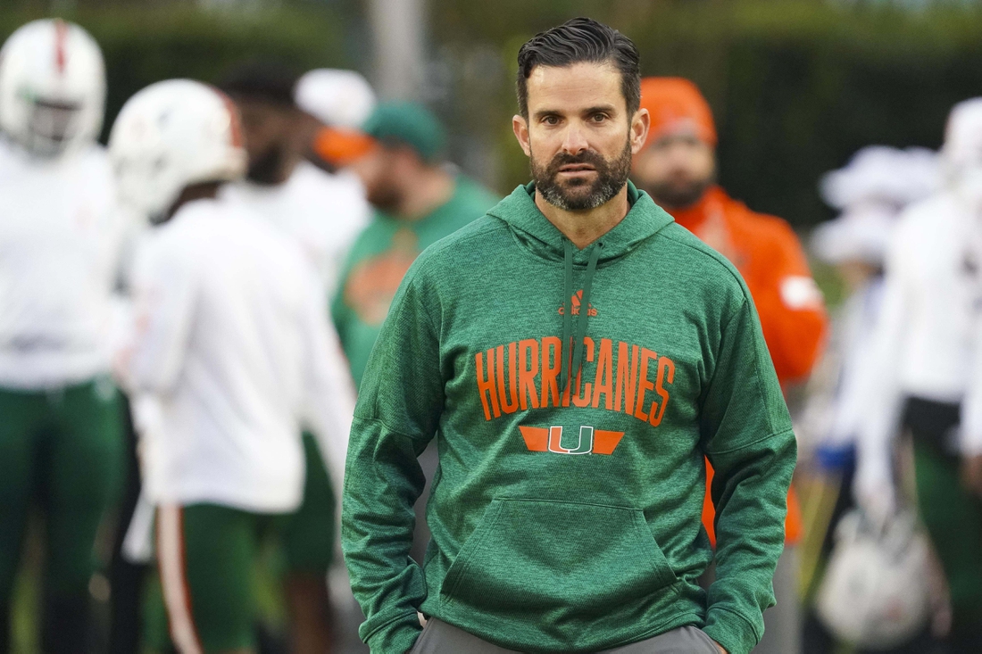 Nov 30, 2019; Durham, NC, USA;  Miami Hurricanes head coach Manny Diaz looks on before the game against the Duke Blue Devils at Wallace Wade Stadium. Mandatory Credit: James Guillory-USA TODAY Sports