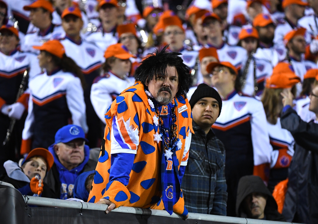 Dec 21, 2019; Las Vegas, Nevada, USA; A Boise Broncos fan in costume is pictured during the second half of the Las Vegas Bowl at Sam Boyd Stadium. Mandatory Credit: Stephen R. Sylvanie-USA TODAY Sports