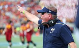 Dec 28, 2019; Orlando, Florida, USA; Notre Dame Fighting Irish head coach Brian Kelly reacts against the Iowa State Cyclones during the second half at Camping World Stadium. Mandatory Credit: Kim Klement-USA TODAY Sports