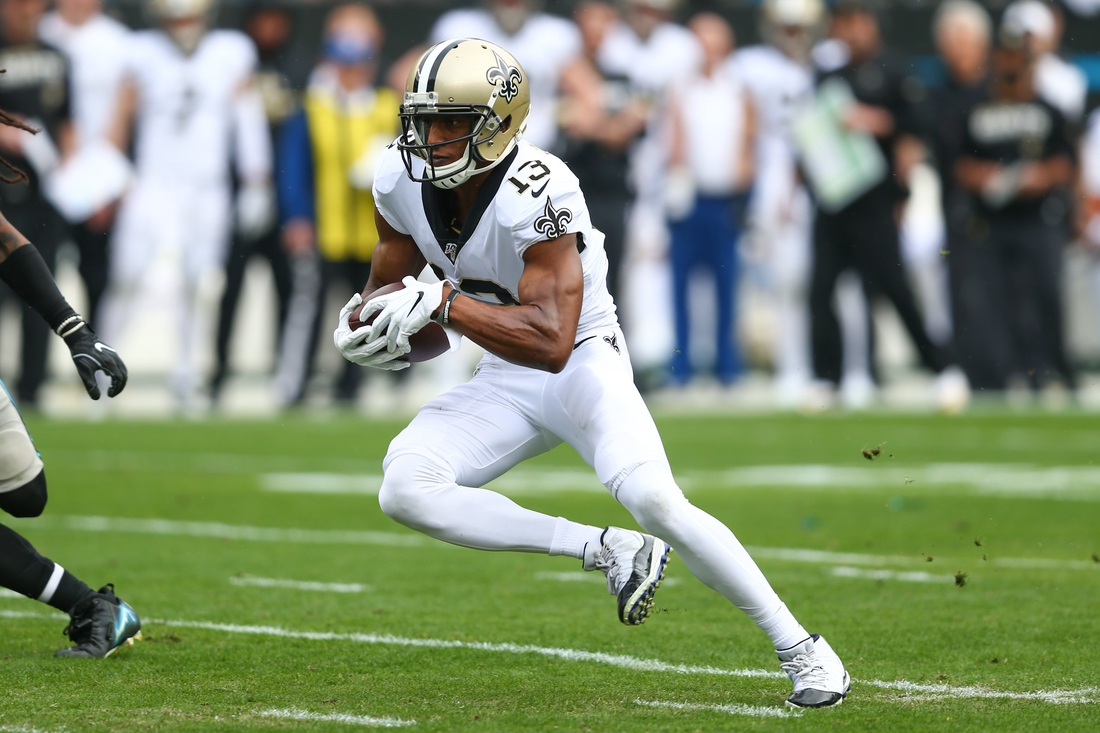 Dec 29, 2019; Charlotte, North Carolina, USA; New Orleans Saints wide receiver Michael Thomas (13) runs after a reception in the first quarter against the Carolina Panthers at Bank of America Stadium. Mandatory Credit: Jeremy Brevard-USA TODAY Sports