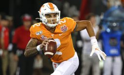 Jan 2, 2020; Jacksonville, Florida, USA; Tennessee Volunteers quarterback Jarrett Guarantano (2) runs with the ball during the first quarteagainst the Indiana Hoosiers in the 2020 Taxslayer Gator Bowl at TIAA Bank Field. Mandatory Credit: Reinhold Matay-USA TODAY Sports