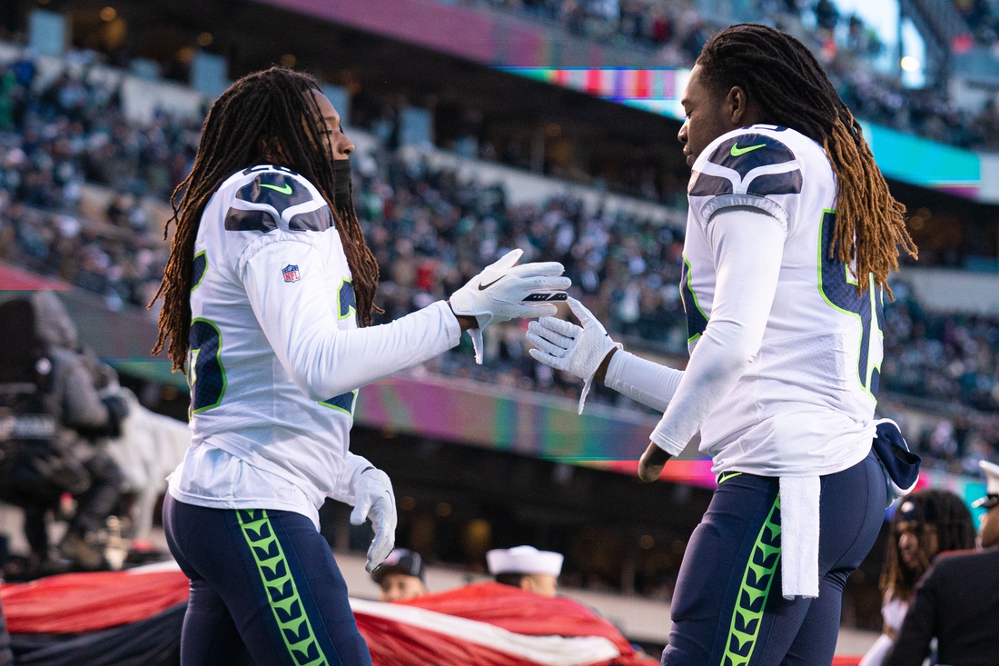 Jan 5, 2020; Philadelphia, Pennsylvania, USA;Seattle Seahawks cornerback Shaquill Griffin (26) and outside linebacker Shaquem Griffin (49) before a NFC Wild Card playoff football game against the Philadelphia Eagles at Lincoln Financial Field. Mandatory Credit: Bill Streicher-USA TODAY Sports