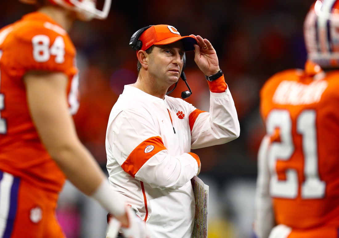 Jan 13, 2020; New Orleans, Louisiana, USA; Clemson Tigers head coach Dabo Swinney on the sidelines during the game against the LSU Tigers in the College Football Playoff national championship game at Mercedes-Benz Superdome. Mandatory Credit: Matthew Emmons-USA TODAY Sports