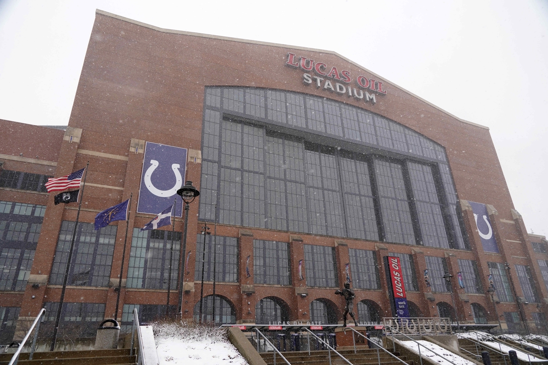 Feb 26, 2020; Indianapolis, Indiana, USA;  General overall view of snow outside of Lucas Oil Stadium. Mandatory Credit: Kirby Lee-USA TODAY Sports