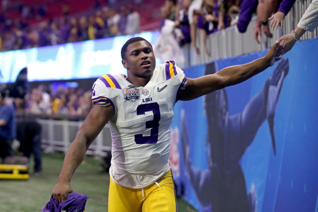 Dec 28, 2019; Atlanta, Georgia, USA; LSU Tigers defensive back JaCoby Stevens (3) greets fans after the 2019 Peach Bowl college football playoff semifinal game against the Oklahoma Sooners at Mercedes-Benz Stadium. Mandatory Credit: Jason Getz-USA TODAY Sports