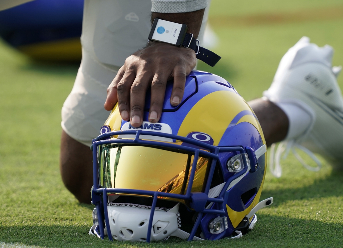 Aug 21, 2020; Thousand Oaks, CA, USA; A general view of coronavirus COVID-19 contact tracer on the wrist of Los Angeles Rams running back Cam Akers during training camp at Cal Lutheran University. Mandatory Credit: Kirby Lee-USA TODAY Sports