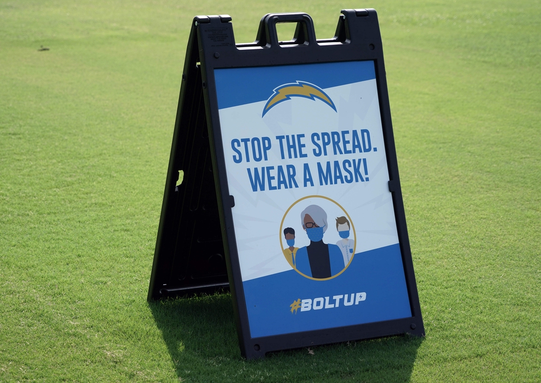Aug 24, 2020; Costa Mesa California, USA; A face mask advisory sign at Los Angeles Chargers training camp amid the global coronavirus COVID-19 pandemic at the Jack Hammett Sports Complex. Mandatory Credit: Kirby Lee-USA TODAY Sports