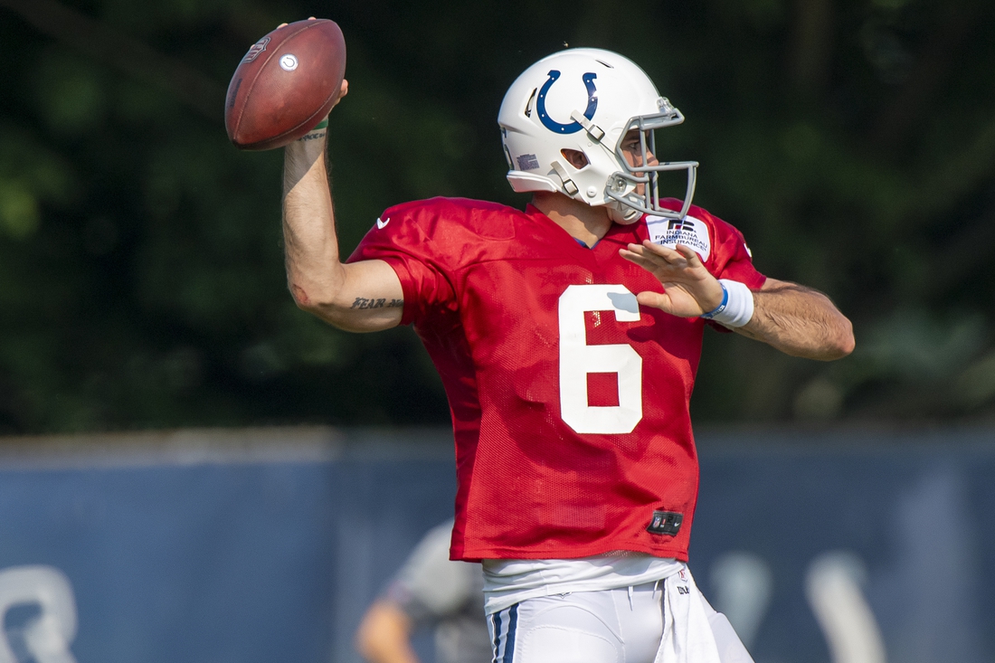 Aug 26, 2020; Indianapolis, Indiana, USA;  Indianapolis Colts quarterback Chad Kelly (6) throws a ball during colts training camp at the Farm Bureau Football Complex. Mandatory Credit: Marc Lebryk-USA TODAY Sports