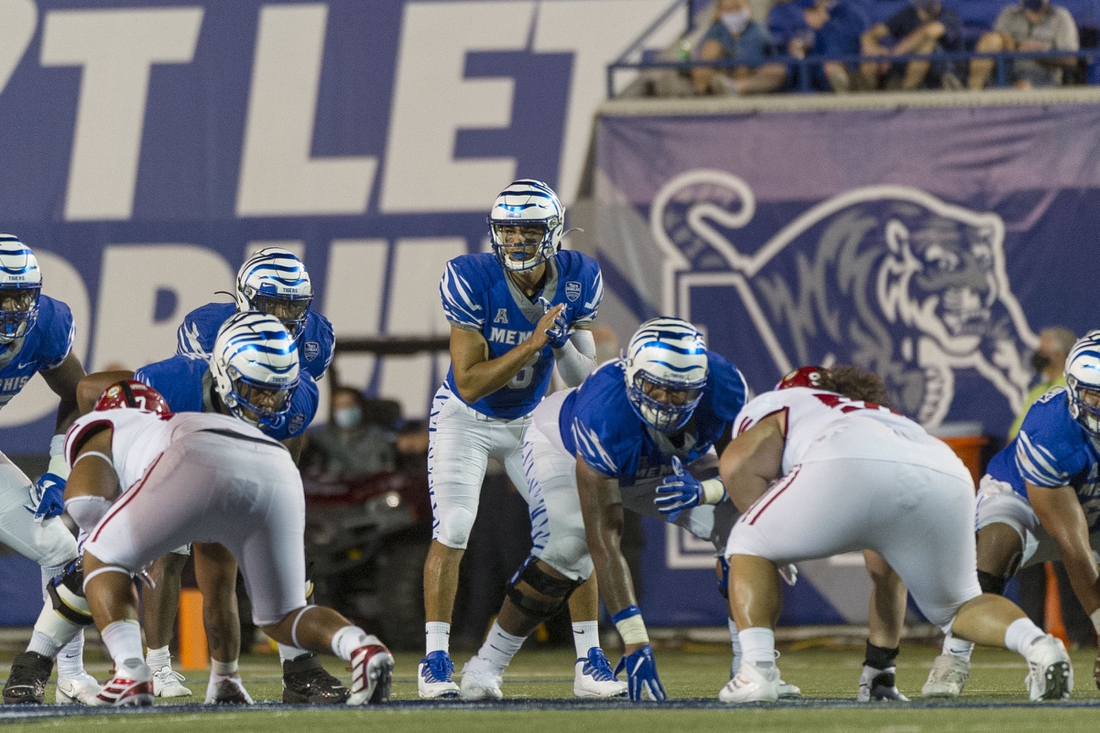 Sep 5, 2020; Memphis, Tennessee, USA; Memphis Tigers quarterback Brady White (3) during the second half against the Arkansas State Red Wolves at Liberty Bowl Memorial Stadium. Mandatory Credit: Justin Ford-USA TODAY Sports