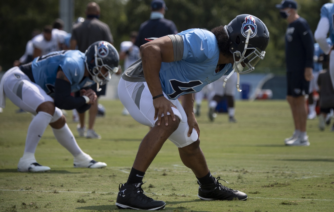 Sept 9, 2020; Nashville, TN, USA; Tennessee Titans outside linebacker Vic Beasley Jr. (44) warms up during practice at Saint Thomas Sports Park Wednesday, Sept. 9, 2020  Nashville, Tenn. Mandatory Credit: George Walker IV/The Tennessean via USA TODAY NETWORK