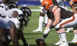 Sep 13, 2020; Baltimore, Maryland, USA;  Cleveland Browns center JC Tretter (64) snaps the ball against Baltimore Ravens in the fourth quarter at M&T Bank Stadium. Mandatory Credit: Leah Stauffer-USA TODAY Sports