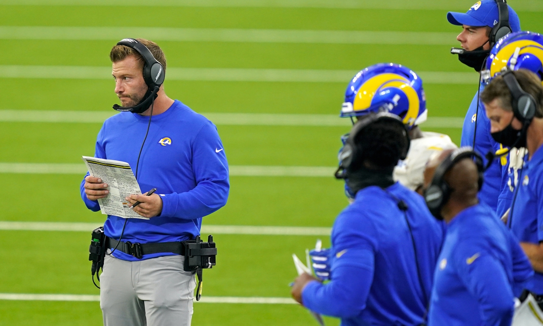 Sep 13, 2020; Inglewood, California, USA; Los Angeles Rams head coach Sean McVay looks on during the first half against the Dallas Cowboys at SoFi Stadium. Mandatory Credit: Kirby Lee-USA TODAY Sports