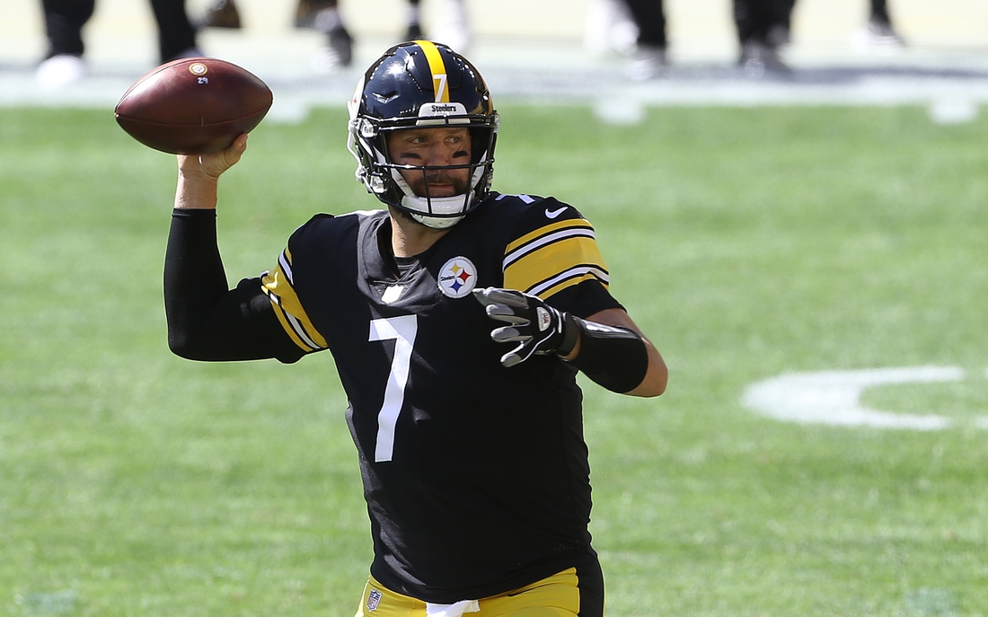 Sep 20, 2020; Pittsburgh, Pennsylvania, USA; Pittsburgh Steelers quarterback Ben Roethlisberger (7) passes against the Denver Broncos during the first quarter at Heinz Field. Mandatory Credit: Charles LeClaire-USA TODAY Sports