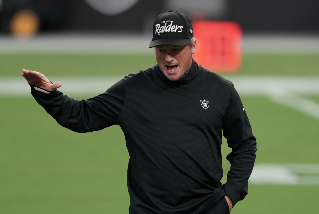 Sep 21, 2020; Paradise, Nevada, USA; Las Vegas Raiders head coach Jon Gruden before a NFL game against the New Orleans Saints at Allegiant Stadium. Mandatory Credit: Kirby Lee-USA TODAY Sports