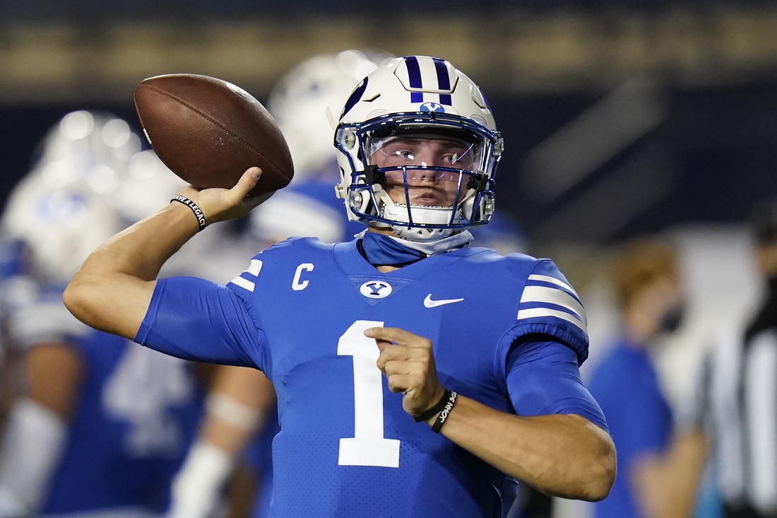 Sep 26, 2020; Provo, UT, USA; BYU quarterback Zach Wilson (1) warms up before the start of their  NCAA college football game against Troy Saturday, Sept. 26, 2020, in Provo, Utah. Mandatory Credit: Rick Bowmer/Pool Photo-USA TODAY Sports