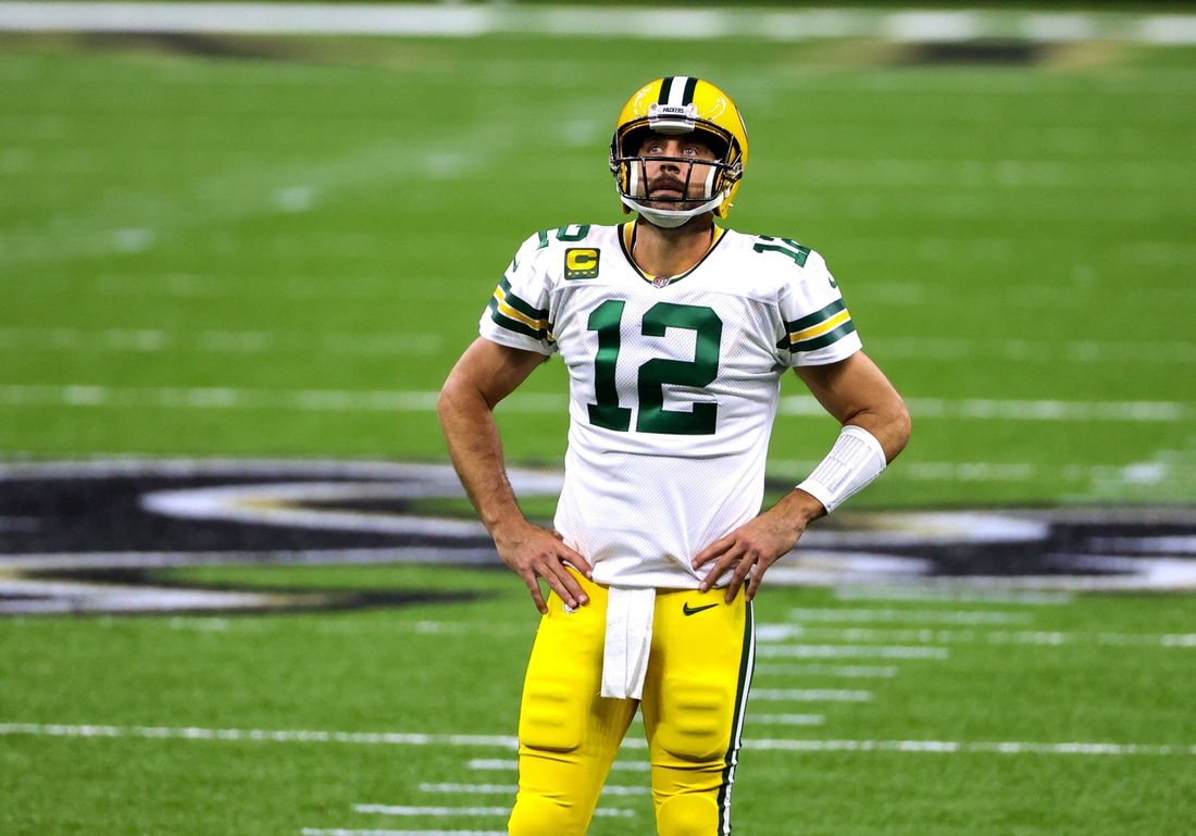 Sep 27, 2020; New Orleans, Louisiana, USA; Green Bay Packers quarterback Aaron Rodgers (12) looks on after an incomplete pass on third down against the New Orleans Saints during the second quarter at the Mercedes-Benz Superdome. Mandatory Credit: Derick E. Hingle-USA TODAY Sports